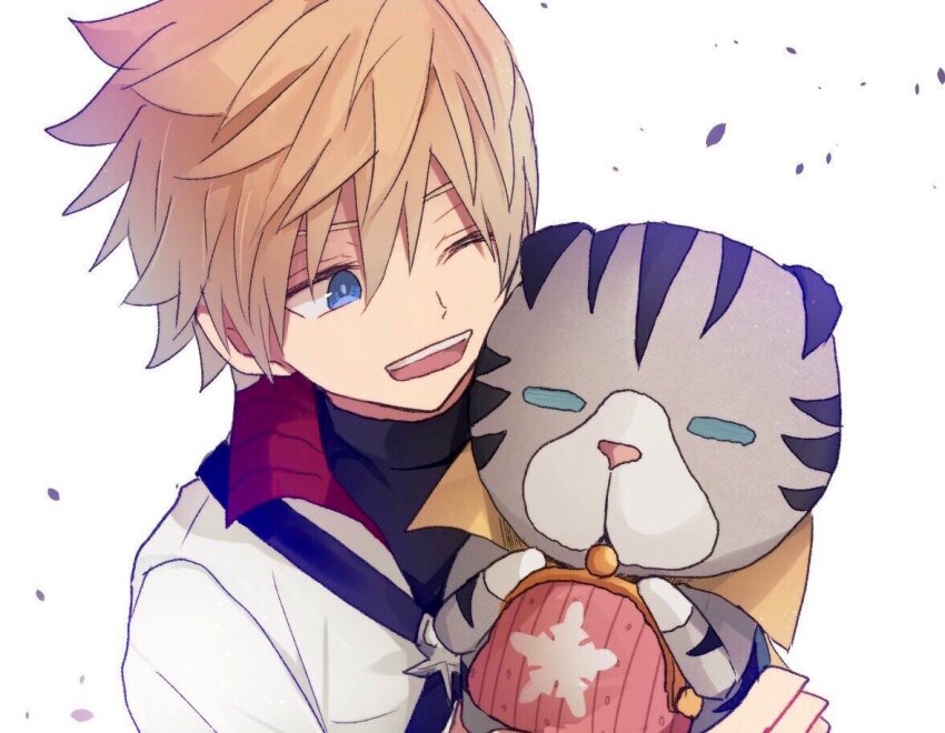 1boy animal bag blonde_hair blue_eyes chirithy closed_eyes clothed_animal commentary_request creature dream_eater_(kingdom_hearts) falling_petals grey_fur holding holding_bag holding_creature jacket kingdom_hearts kingdom_hearts_iii looking_at_another male_focus one_eye_closed open_clothes open_jacket open_mouth petals raiki_(comehope78) short_hair shoulder_strap simple_background smile spiked_hair striped_fur teeth upper_body upper_teeth_only ventus_(kingdom_hearts) white_background white_jacket