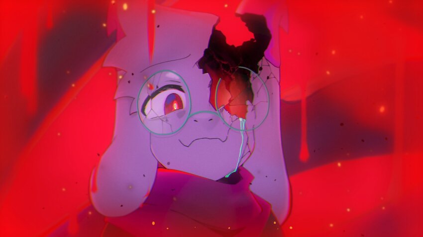 1boy animal_ears commentary crumbling deltarune fangs furry furry_male glasses goat_boy goat_ears green-framed_eyewear hashtag-only_commentary highres hole_in_head male_focus marshmallow_(vocaloid) pink_scarf portrait ralsei red_background red_eyes round_eyewear samuton9574 scarf solo utdr_(toby_fox)