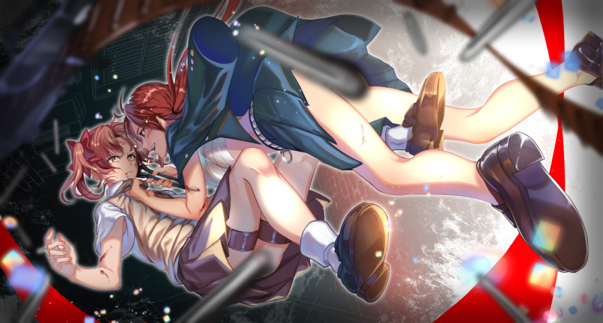 2girls artist_request bad_id bad_pixiv_id bandolier belt between_fingers blood brown_eyes brown_hair fight flashlight holding legs multiple_girls musujime_awaki panties pantyshot ponytail red_hair school_uniform shirai_kuroko socks thigh_strap thighs toaru_majutsu_no_index toaru_majutsu_no_index:_old_testament twintails underwear
