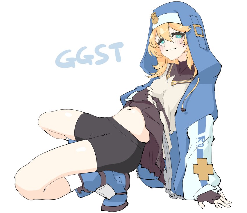 1boy :3 absurdres acronym androgyne_symbol aqua_eyes arikui_(ooooalikui) belt belt_buckle black_shorts blonde_hair blue_footwear blue_theme breasts bridget_(guilty_gear) brown_gloves brown_skirt buckle chain closed_mouth clothes_lift commentary_request copyright_name cuffs fingerless_gloves gloves grey_shorts guilty_gear guilty_gear_strive habit hair_between_eyes handcuffs hands_on_ground highres initial leaning_back lifting_own_clothes light_blush long_hair long_sleeves looking_at_viewer midriff multiple_belts navel nun oversized_belt pleated_skirt shiny_skin shorts simple_background sketch skirt skirt_lift small_breasts smug socks solo trap unconventional_belt white_background white_socks