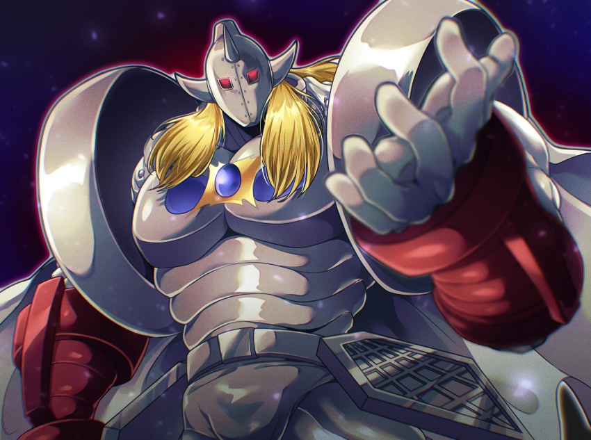 1boy absurdres akuma_shogun armor biceps blonde_hair covered_pectorals epaulettes full_armor glowing glowing_eyes highres horns kinnikuman long_hair looking_at_viewer manly mask monster_boy muscular otyumamii pectorals red_eyes standing wrestling wrestling_outfit