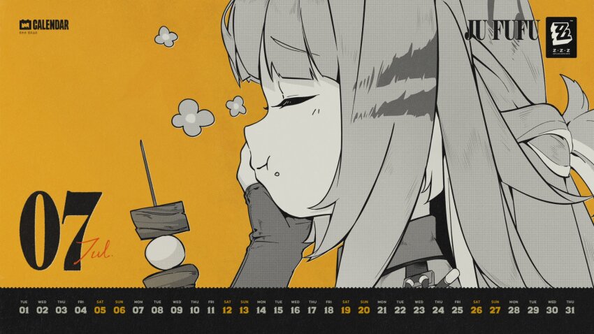 1girl closed_eyes closed_mouth commentary eating english_commentary english_text food greyscale_with_colored_background hand_on_own_cheek hand_on_own_face highres ju_fufu official_art smile yellow_background zenless_zone_zero