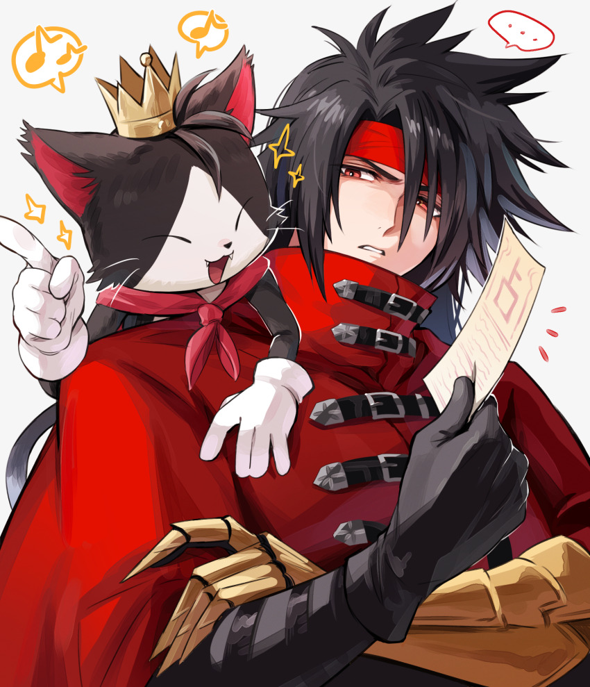 ... 1boy az_(pixiv_108058292) black_gloves black_hair cait_sith_(final_fantasy) cape cat clawed_gauntlets cloak commentary_request crossed_arms crown final_fantasy final_fantasy_vii final_fantasy_vii_rebirth final_fantasy_vii_remake gauntlets gloves hair_between_eyes headband highres holding holding_paper index_finger_raised long_hair male_focus mini_crown musical_note on_shoulder paper parted_lips pointing red_cape red_cloak red_eyes red_headband single_gauntlet single_glove sparkle spiked_hair spoken_ellipsis spoken_musical_note upper_body vincent_valentine white_gloves
