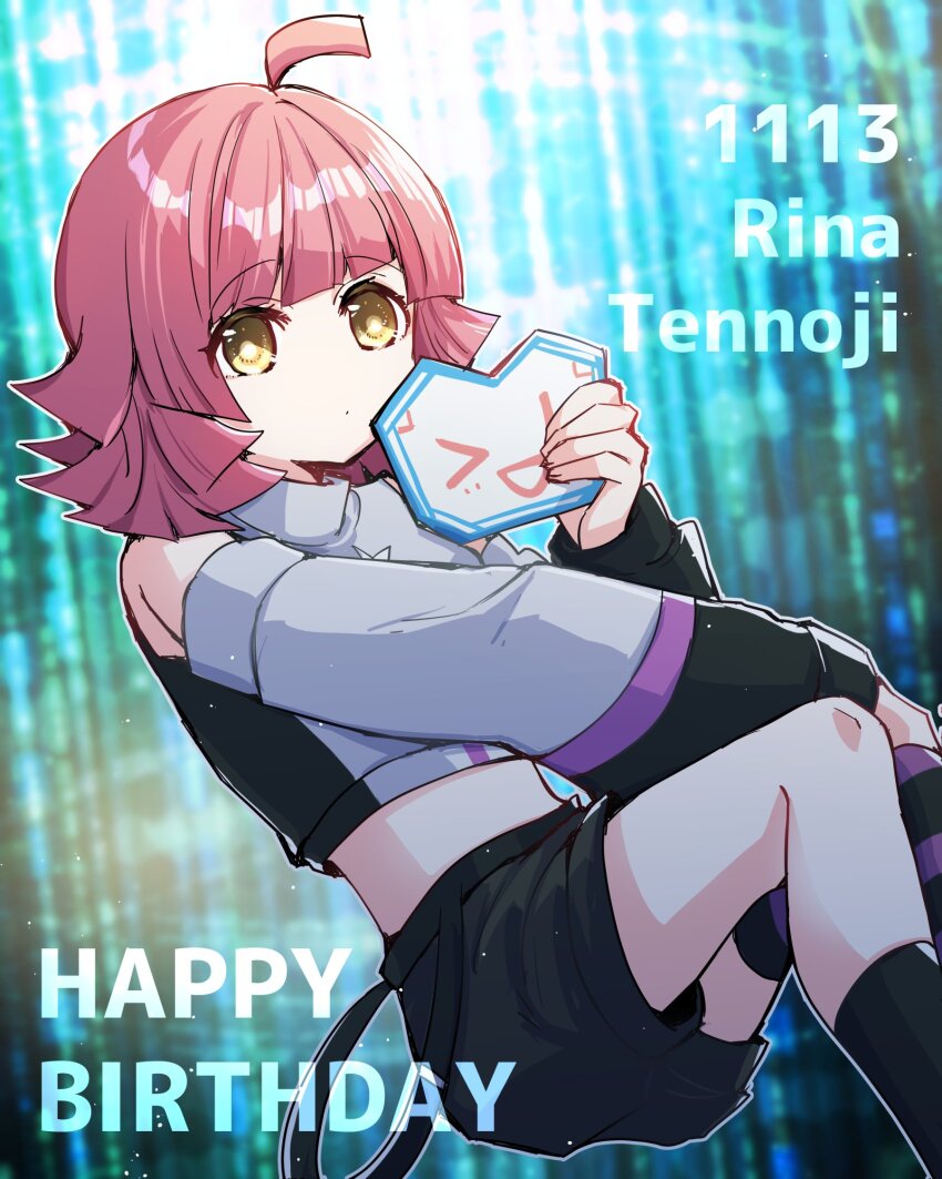 &gt;_o 1girl ahoge black_shorts black_socks blunt_bangs blunt_ends blurry blurry_background character_name commentary cyberspace dated detached_sleeves expressionless grey_shirt grey_sleeves happy_birthday highres holding kanduki_kamibukuro long_sleeves looking_at_viewer love_live! love_live!_nijigasaki_high_school_idol_club medium_hair midriff one_eye_closed pink_hair rina-chan_board shirt shorts sidelocks single_thighhigh smile socks solo striped_clothes striped_thighhighs suspender_shorts suspenders tennoji_rina thighhighs yellow_eyes
