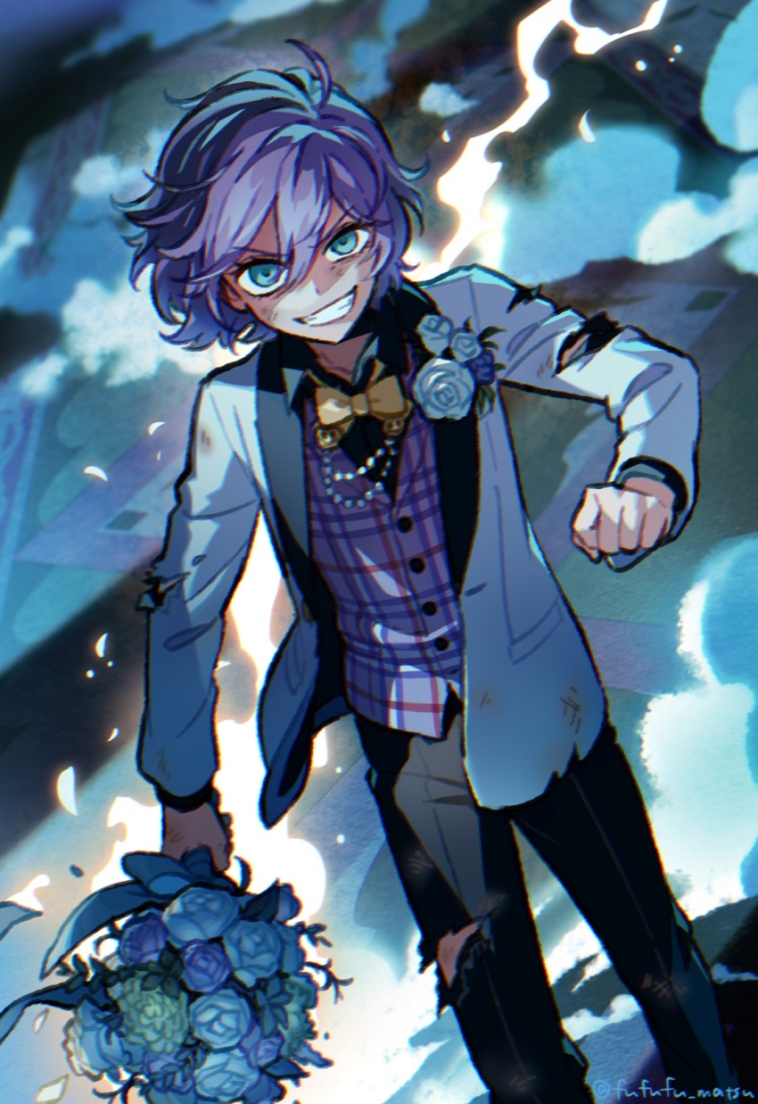 1boy blue_eyes bouquet cowboy_shot dirty epel_felmier flower funuyu grin highres holding holding_bouquet jacket looking_at_viewer male_focus purple_hair short_hair smile solo torn_clothes twisted_wonderland white_jacket