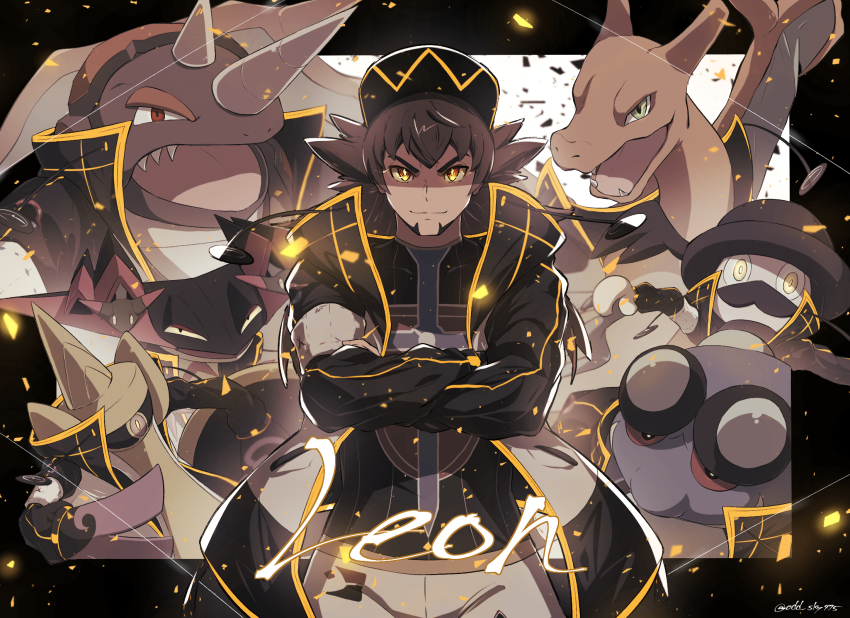 1boy aegislash artist_name baseball_cap black_hair champion_uniform character_name charizard closed_mouth commentary_request crossed_arms dragapult dreepy facial_hair game_freak gen_1_pokemon gen_4_pokemon gen_5_pokemon gen_6_pokemon gen_8_pokemon hat highres leon_(pokemon) long_hair long_sleeves looking_at_viewer male_focus mr._rime nintendo odd_(hin_yari) pokemon pokemon_(creature) pokemon_swsh rhyperior seismitoad shirt shorts smile watermark yellow_eyes