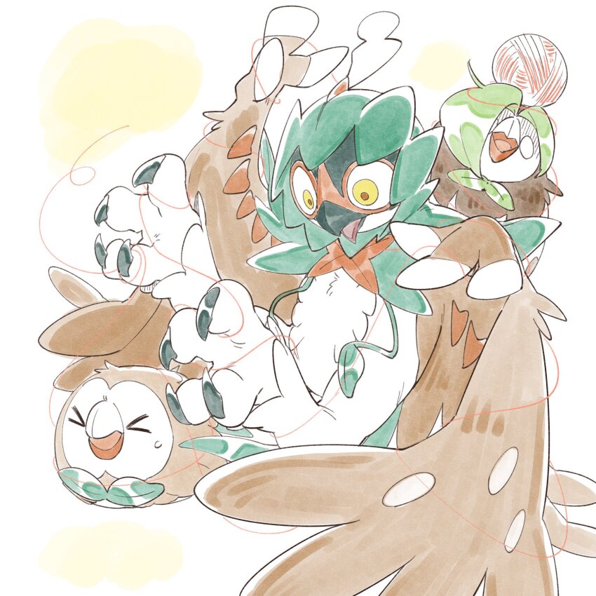 &gt;_&lt; closed_eyes commentary dartrix decidueye entangled evolutionary_line gen_7_pokemon highres looking_down nintendo no_humans open_mouth pkpokopoko3 pokemon pokemon_(creature) pokemon_focus red_pupils rowlet string sweatdrop symbol-only_commentary yarn yarn_ball yellow_eyes