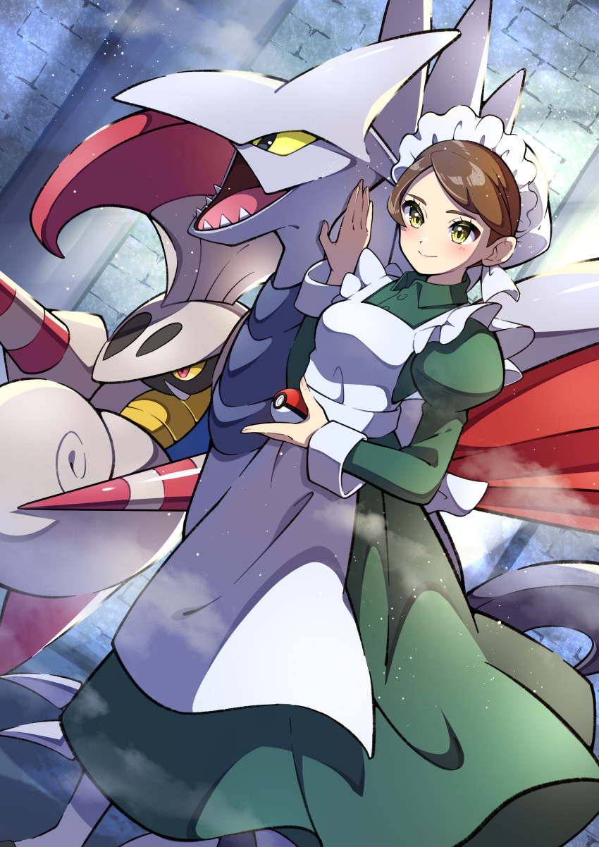 1girl absurdres apron blush brown_hair closed_mouth collared_dress dress escavalier eyelashes fog gen_2_pokemon gen_5_pokemon green_dress hand_up headdress highres holding holding_poke_ball long_sleeves maid maid_(pokemon) maid_apron nintendo pantyhose poke_ball poke_ball_(basic) pokemon pokemon_(creature) pokemon_bw pon_yui puffy_sleeves shoes short_hair skarmory smile standing white_apron white_pantyhose yellow_eyes