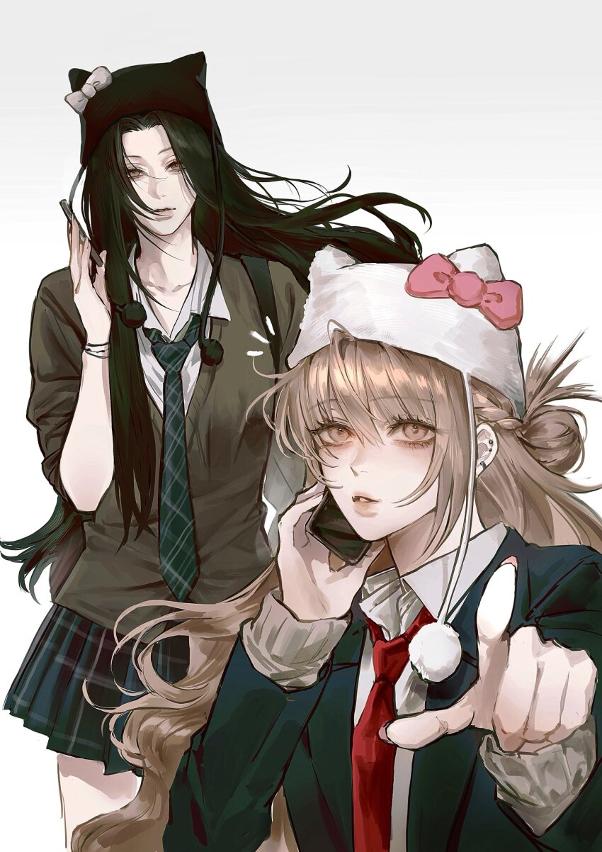 2girls black_hat blonde_hair bow bracelet braid brown_eyes brown_sweater_vest cellphone checkered_clothes checkered_necktie checkered_skirt collarbone collared_shirt cowboy_shot dang0_23 ear_piercing earclip eyelashes eyeshadow green_jacket green_necktie green_skirt hair_between_eyes hair_bun hat hat_bow hat_with_ears highres holding holding_phone index_finger_raised jacket jewelry long_hair looking_at_viewer makeup multiple_girls necktie original parted_lips phone piercing pink_bow red_necktie shirt simple_background skirt smartphone sweater_vest teeth upper_body white_background white_bow white_hat white_shirt