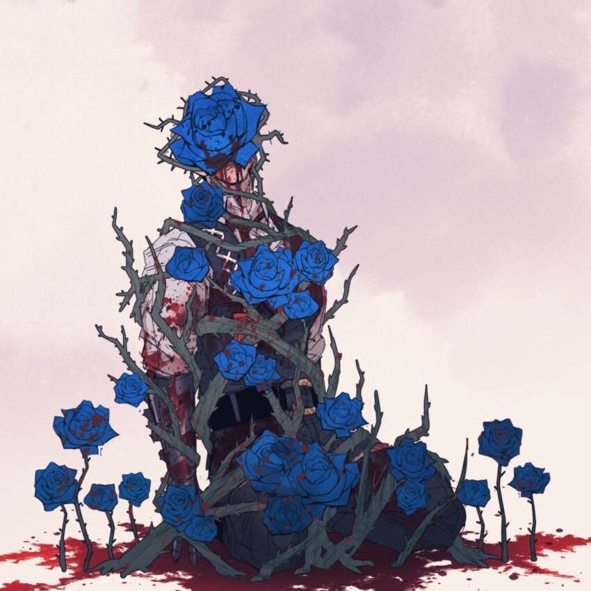 1boy belt black_belt black_pants black_vest blood blood_on_clothes blue_flower blue_rose death flower gauntlets highres kneeling limbus_company long_sleeves male_focus meursault_(project_moon) necktie nyak_138 pants project_moon red_necktie rose shirt sign_of_roses simple_background solo thorns vest white_background white_shirt