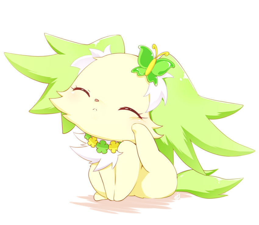 animal animal_focus animalization blush butterfly_hair_ornament closed_eyes commentary_request creature creature_focus dog flower hair_ornament highres jewelpet_(series) master_nabesama no_humans peridot_(jewelpet) scratching simple_background sitting solo white_background