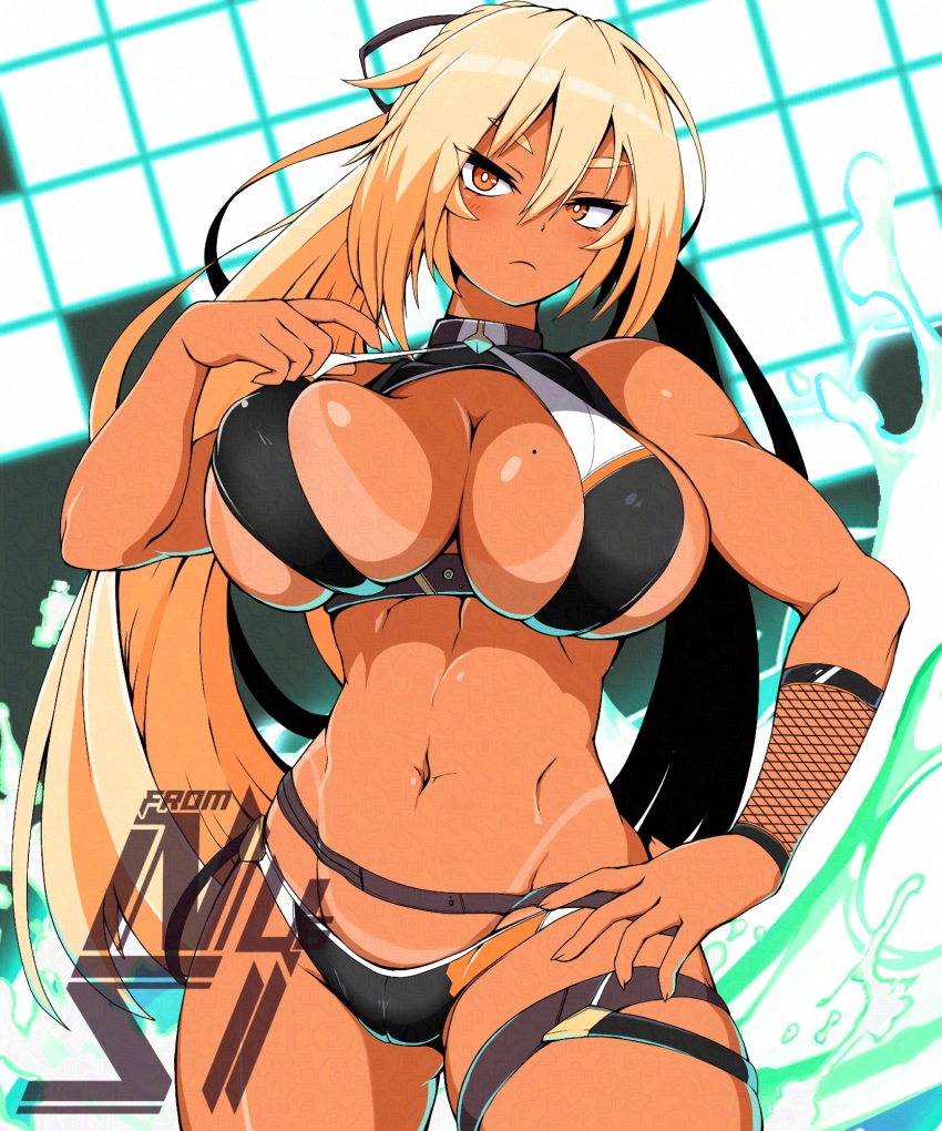 1girl abs artist_logo bikini bikini_top_pull black_bikini blonde_hair blush breasts cleavage closed_mouth eyebrows_hidden_by_hair groin hair_between_eyes hand_on_own_hip highres large_breasts logo long_hair looking_at_viewer mole mole_on_breast navel nuuuuuusi06 orange_eyes original ponytail skindentation solo splashing stomach sweat swimsuit tan tanline thigh_strap toned toned_female underboob very_long_hair