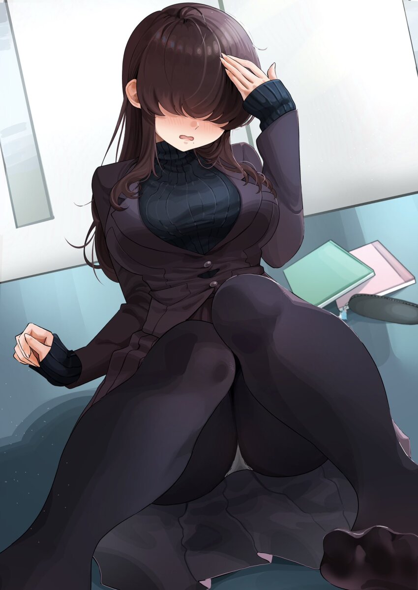 1girl black_sweater blush book breasts brown_hair hair_over_eyes highres kakure_meme kimi_no_koto_ga_dai_dai_dai_dai_daisuki_na_100-nin_no_kanojo large_breasts long_hair open_mouth panties pantyhose pantyshot perapera_o2 pleated_skirt ribbed_sweater shadow skirt sleeves_past_wrists solo sweater toes underwear white_panties