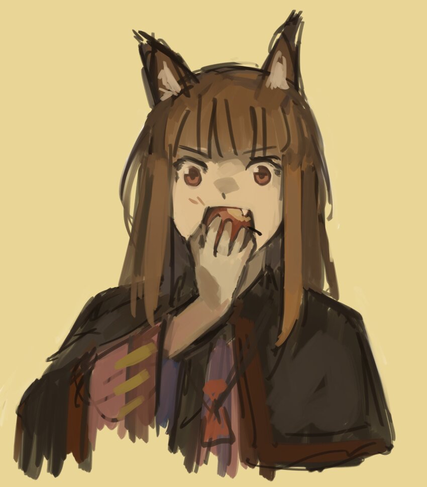 animal_ears brown_hair cropped_torso eating fang food fox_ears fruit highres holding holding_food holding_fruit holo kornod long_hair looking_at_viewer red_eyes spice_and_wolf straight-on upper_body