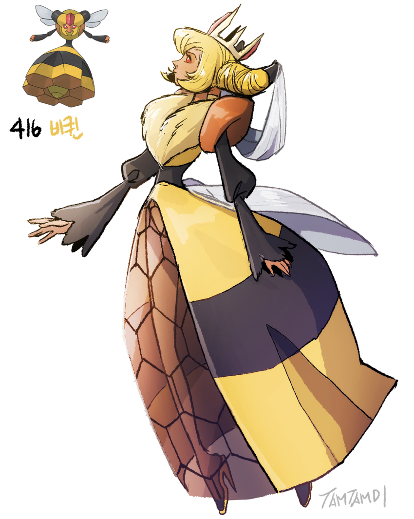 1girl artist_name blonde_hair bright_pupils closed_mouth crown dress from_side full_body gen_4_pokemon hair_horns high_heels highres juliet_sleeves korean_commentary long_sleeves nintendo personification pokemon pokemon_(creature) puffy_sleeves red_eyes short_hair signature simple_background tamtamdi translated vespiquen white_background white_pupils yellow_dress