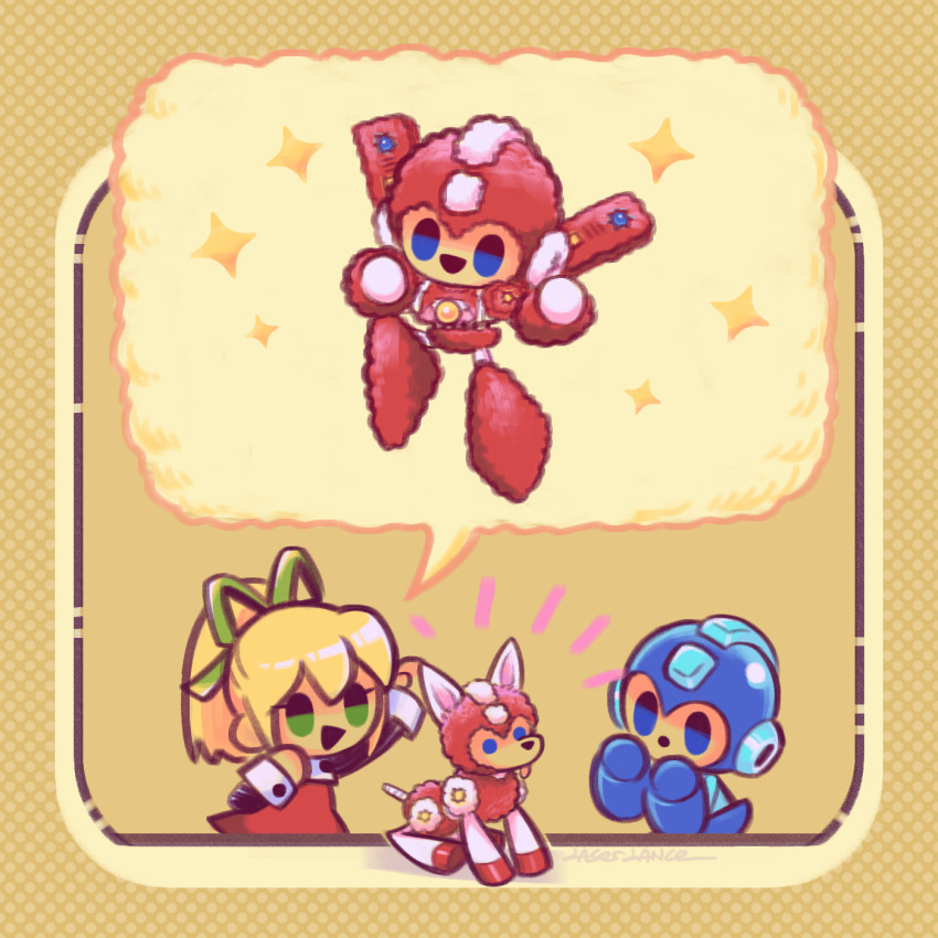 1boy 1girl blonde_hair blue_eyes dog green_eyes green_ribbon hair_ribbon highres humanoid_robot laser-lance mega_man_(character) mega_man_(classic) mega_man_(series) mega_man_6 open_mouth ponytail ribbon robot roll_(mega_man) rush_(mega_man) short_hair short_ponytail smile speech_bubble super_mega_man_(mega_man)