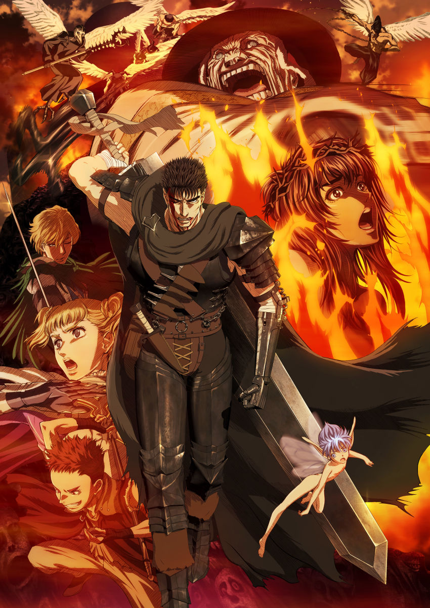 2girls 6+boys absurdres bandages berserk black_gloves black_hair blonde_hair brown_hair burning casca_(berserk) character_request farnese_(berserk) feathered_wings fire gloves guts_(berserk) highres holding holding_sword holding_weapon huge_weapon isidro_(berserk) long_hair mozgus_(berserk) multiple_boys multiple_girls one_eye_closed open_mouth polearm puck_(berserk) serpico_(berserk) short_hair short_twintails sword twintails weapon white_wings wings