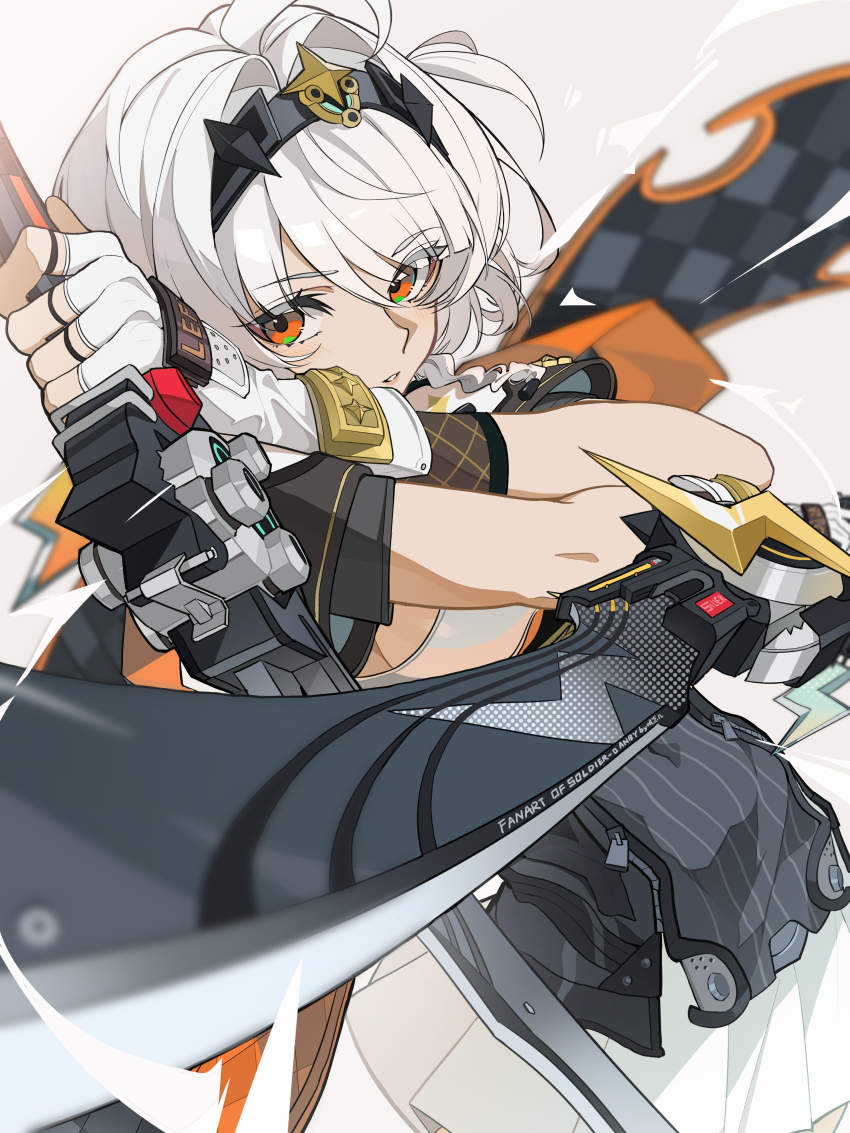 1girl absurdres ahoge anby_demara anby_demara_(silver_soldier) black_hairband blurry blurry_foreground braid braided_sidelocks commentary_request covered_navel cowboy_shot crossed_arms dual_wielding fingerless_gloves gloves grey_background grey_hair hair_intakes hairband highres holding holding_sword holding_weapon jizaier leaning_back looking_at_viewer motion_blur motion_lines orange_eyes parted_bangs short_hair shrug_(clothing) sideboob_cutout skirt solo sword weapon white_gloves white_shrug white_skirt zenless_zone_zero