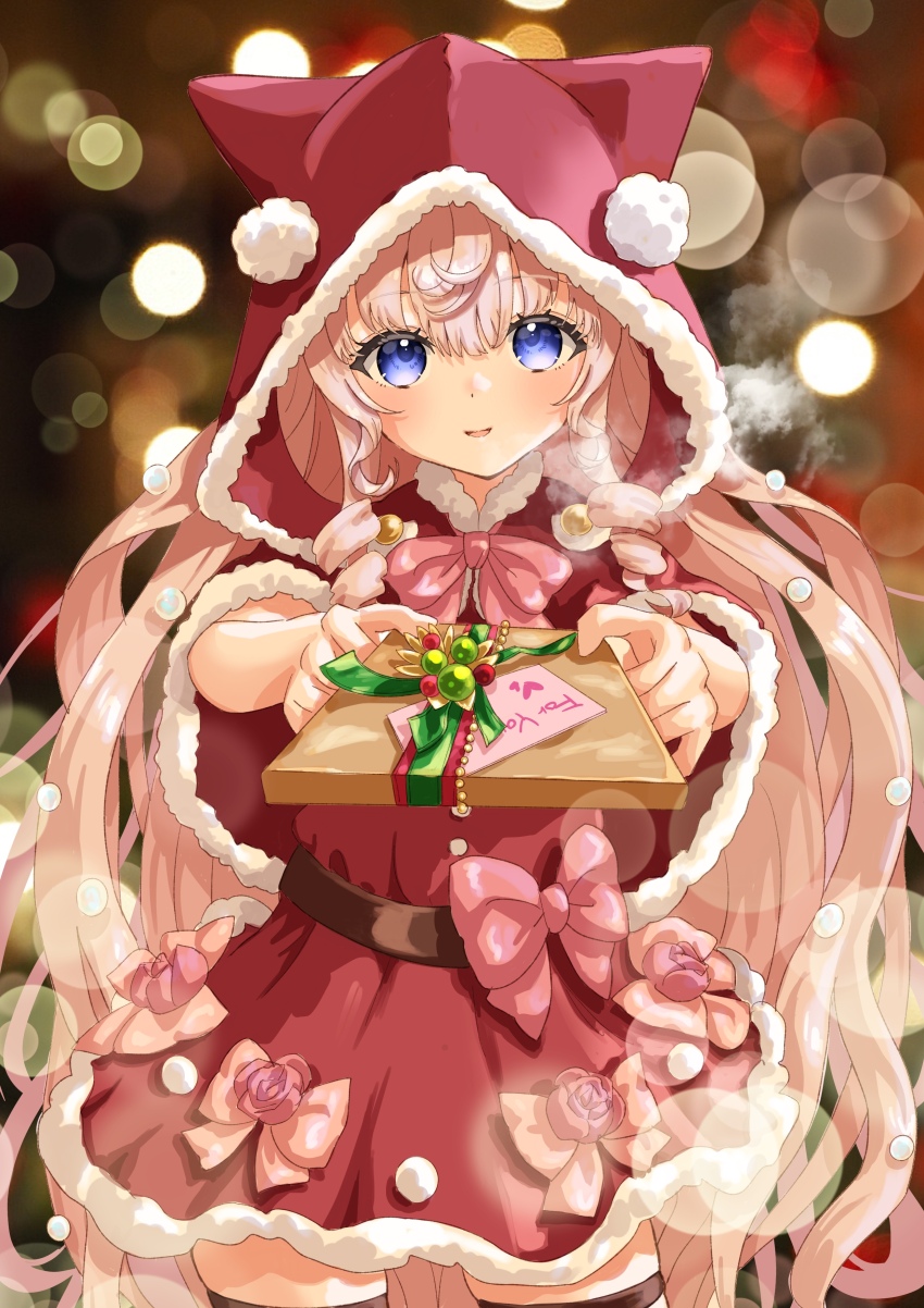 1girl absurdres animal_ear_hood blue_eyes bow capelet christmas commission cowboy_shot dress fake_animal_ears fur-trimmed_capelet fur-trimmed_dress fur-trimmed_hood fur_trim gift highres himeno_aimu holding holding_gift hood hood_up indie_virtual_youtuber lingmu long_hair looking_at_viewer parted_lips pink_bow pink_hair pov red_capelet red_dress red_hood santa_costume skeb_commission solo very_long_hair virtual_youtuber