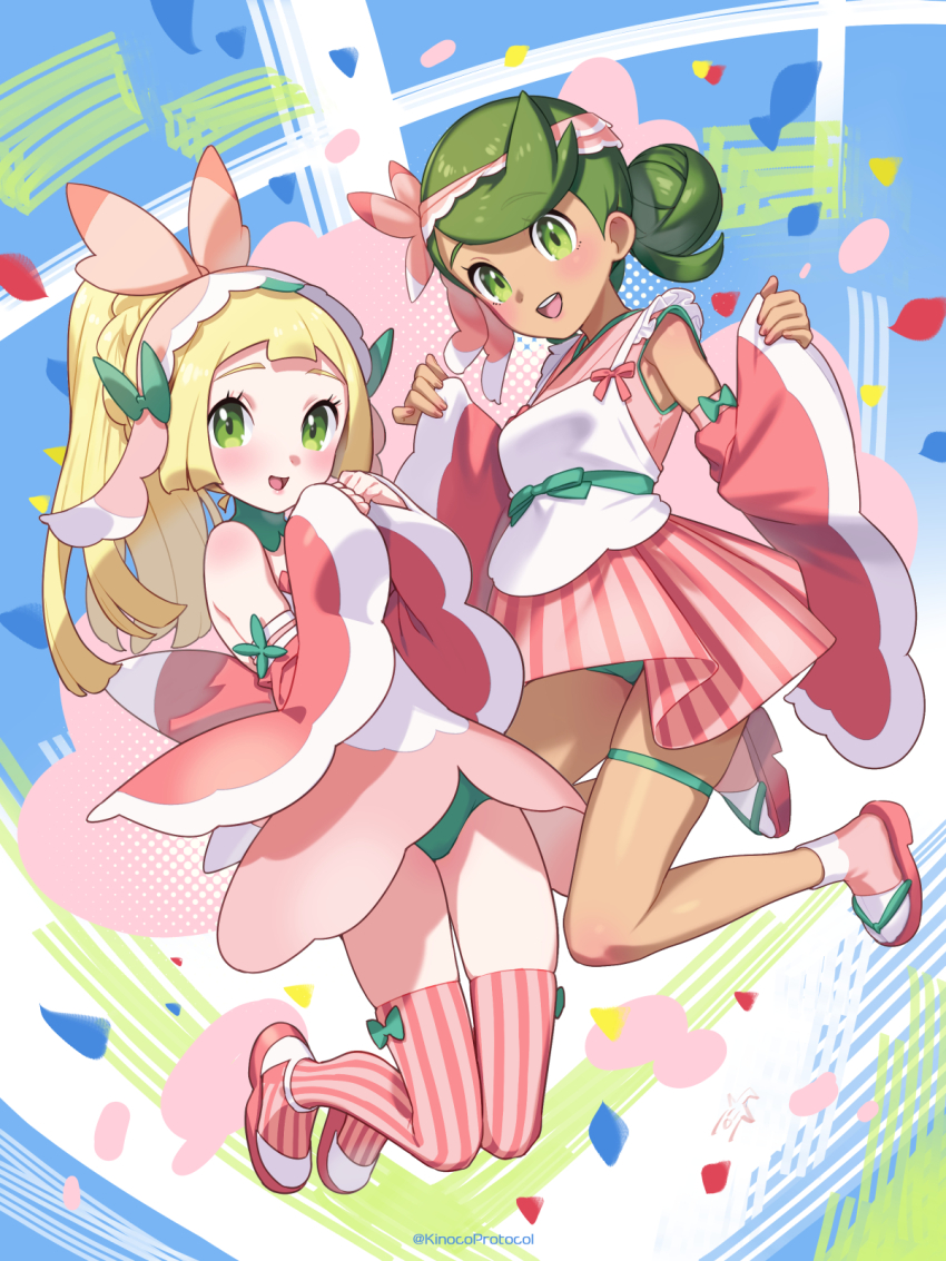 alternate_costume blonde_hair cosplay gen_7_pokemon green_eyes green_hair highres kinocopro lillie_(pokemon) lurantis lurantis_(cosplay) mallow_(pokemon) multiple_girls nintendo pink_sandals pink_shoes pokemon pokemon_sm ponytail sandals shoes