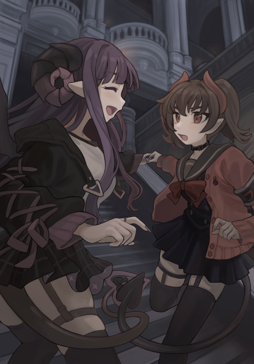 2girls :d absurdres architecture armband belt belt_collar black_belt black_dress black_hoodie black_horns black_skirt black_thighhighs black_wings blush borrowed_character bow bowtie breasts brown_hair buttons cardigan closed_eyes collar column commentary commentary_request commission cross-laced_clothes cross-laced_sleeves curled_horns demon_girl demon_horns demon_tail dress english_commentary facing_another fingernails from_side garter_straps gradient_horns grey_sailor_collar high_side_ponytail highres holding_hands hood hood_down hoodie horns intertwined_tails jewelry large_breasts long_fingernails long_hair long_sleeves looking_at_another medium_breasts miniskirt mixed-language_commentary mole mole_under_mouth multicolored_horns multiple_girls on_stairs open_cardigan open_clothes open_hoodie open_mouth original pillar pixiv_commission plaid_clothes plaid_skirt pleated_skirt pointy_ears purple_hair purple_horns purple_nails raised_eyebrows red_bow red_bowtie red_cardigan red_eyes red_horns ring sailor_collar sailor_dress school_uniform shirt short_dress sidelocks single_garter_strap skindentation skirt smile stairs standing standing_on_one_leg straight_hair tail tanupon thick_eyelashes thigh_strap thighhighs thighs white_shirt wings