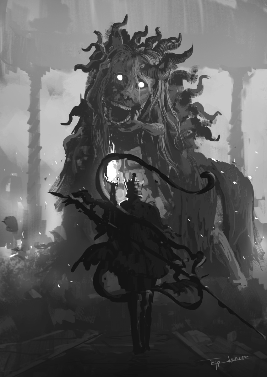1boy animal artist_name asymmetrical_horns cloak divine_beast_dancing_lion elden_ring elden_ring:_shadow_of_the_erdtree fire from_behind glowing glowing_eyes greyscale hand_up helmet highres holding holding_polearm holding_weapon horns lion_dance male_focus messmer_the_impaler monochrome monster multiple_horns open_mouth polearm snake spear teeth tripdancer weapon