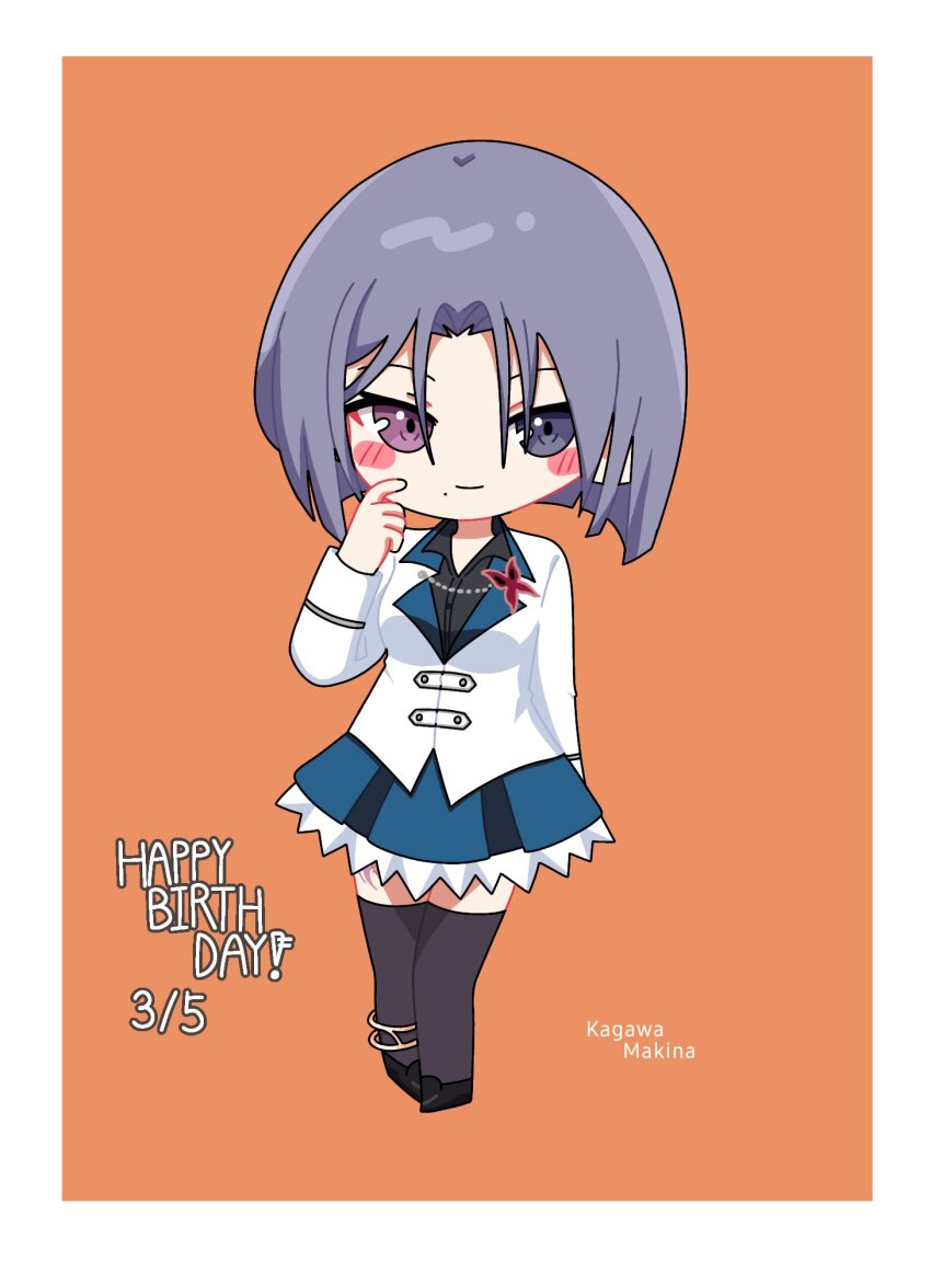 1girl anklet arm_at_side assault_lily black_shoes black_thighhighs blue_eyes blue_skirt blush bob_cut border character_name chibi commentary finger_to_cheek full_body grey_hair hair_between_eyes hand_up happy_birthday herensuge_girls_academy_school_uniform heterochromia highres jacket jewelry kagawa_makina light_smile long_sleeves looking_at_viewer miniskirt mole mole_under_eye orange_background parted_bangs pink_eyes school_uniform shoes short_hair simple_background skirt solo standing thighhighs white_border white_jacket yui_(yui1115_) zettai_ryouiki