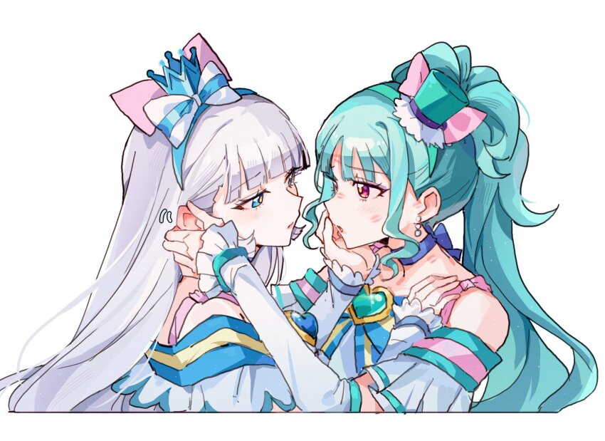 2girls blue_brooch blue_eyes blue_hair blue_hairband blue_hat bow brooch closed_mouth commentary cure_lillian cure_nyammy detached_sleeves dress earrings grabbing_another&#039;s_ear hair_bow hairband hand_on_another&#039;s_ear hand_on_another&#039;s_shoulder hat heart heart_brooch highres holding_own_arm jewelry lipstick lipstick_mark lipstick_mark_on_face lipstick_mark_on_shoulder long_hair magical_girl makeup mini_hat multiple_girls nekoyashiki_mayu nekoyashiki_yuki pink_bow pink_eyes precure simple_background smeared_lipstick symbol-only_commentary upper_body white_background white_dress white_hair white_sleeves wonderful_precure! xiongbingbisata yuri