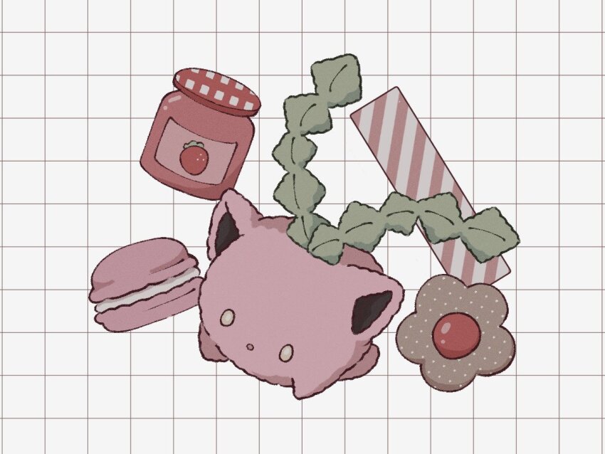 candy_stick check_food cookie food food_request fruit gen_2_pokemon grid_background hoppip jam jar macaron nintendo no_humans parted_lips pointy_ears pokemon pokemon_(creature) pokemon_focus smprfms solo strawberry strawberry_jam thumbprint_cookie white_background yellow_eyes