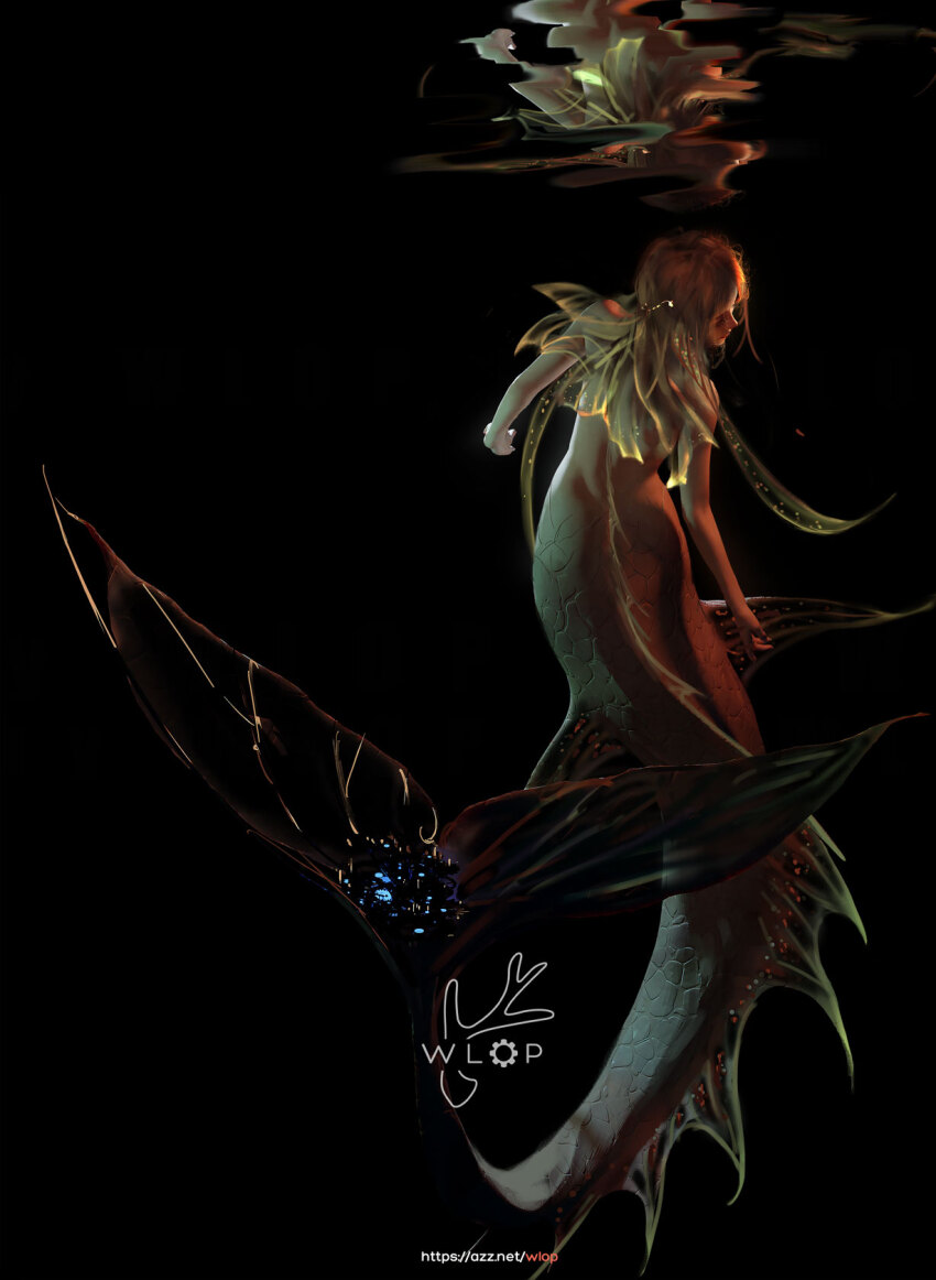 1girl black_background breasts brown_hair cleavage commentary_request facing_to_the_side fins fish floating_hair full_body gears head_fins highres long_hair mermaid monster_girl no_shirt original simple_background simple_fish solo swimming underwater white_hair wlop