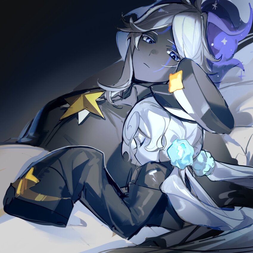 1boy 1girl black_hat black_jacket black_skin blue_eyes blue_hair closed_eyes closed_mouth colored_skin commentary cookie_run cookie_run:_kingdom hat highres humanization jacket long_hair long_sleeves looking_at_another low_twintails lying milky_way_cookie multicolored_hair on_back parted_bangs senlly_2507 shako_cap simple_background sleeves_past_fingers sleeves_past_wrists sparkle star_(symbol) stardust_cookie symbol-only_commentary twintails two-tone_hair u_u upper_body white_hair white_skin