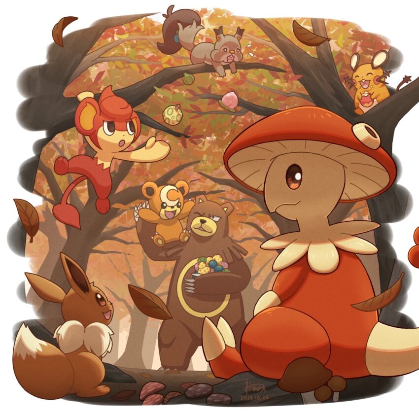 alternate_color aspear_berry autumn autumn_leaves berry_(pokemon) black_eyes breloom brown_eyes claws closed_mouth commentary dated dedenne eating eevee evolutionary_line gen_1_pokemon gen_2_pokemon gen_3_pokemon gen_5_pokemon gen_6_pokemon gen_8_pokemon leaf leppa_berry lum_berry mushroom nintendo no_humans open_mouth oran_berry pansear pecha_berry pokemon pokemon_(creature) shiny_pokemon sitrus_berry sitting skwovet smile standing teddiursa tree ursaring wataame4907