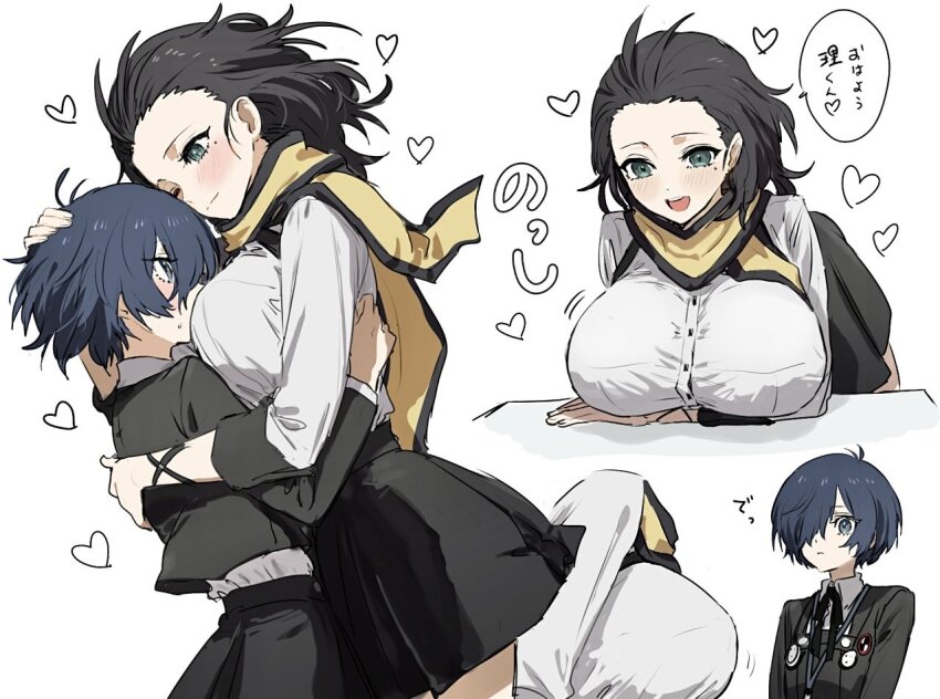 2girls between_breasts black_hair black_ribbon black_skirt blue_eyes blue_hair breasts closed_mouth commentary_request face_between_breasts gekkoukan_high_school_uniform head_between_breasts heart hug large_breasts long_sleeves mochizuki_ryouji mole mole_under_eye multiple_girls multiple_views neck_ribbon one_eye_closed open_mouth persona persona_3 ribbon school_uniform shirt simple_background skirt speech_bubble sweatdrop tamaon_2525 translation_request white_background white_shirt yuri yuuki_makoto_(persona_3)