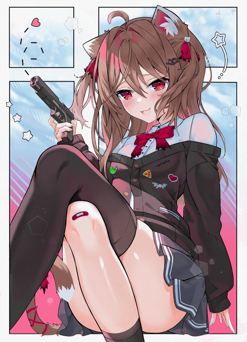 1girl ahoge animal_ears asymmetrical_legwear bandaid bandaid_on_knee bandaid_on_leg black_cardigan black_skirt black_socks black_thighhighs blue_nails bow bowtie broken_heart broken_heart_hair_ornament brown_hair cardigan cat_ears cat_girl cat_tail commentary crossed_legs dora_pomidora7 dress_shirt english_commentary evil_neuro-sama feet_out_of_frame from_side gun hair_between_eyes hair_ornament hair_ribbon heart highres holding holding_gun holding_weapon long_hair long_sleeves looking_at_viewer miniskirt nail_polish neuro-sama off-shoulder_cardigan open_mouth pleated_skirt red_bow red_bowtie red_eyes red_ribbon ribbon shirt single_sock single_thighhigh sitting skirt skull_hair_ornament socks solo tail thighhighs two_side_up uneven_legwear vedal_ai virtual_youtuber weapon white_shirt