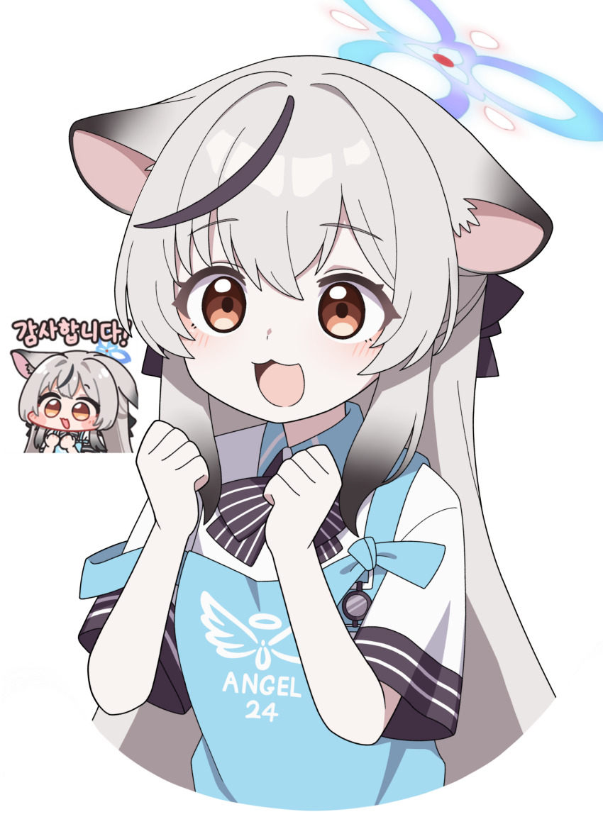 1girl absurdres angel&#039;s_24_uniform_(blue_archive) animal_ear_fluff animal_ears apron black_hair blue_apron blue_archive blue_halo brown_eyes grey_hair halo highres kokona_(blue_archive) long_hair multicolored_hair polo_shirt shirt short_sleeves store_clerk streaked_hair tiger_ears tiger_girl vector_(dmlddmld00) very_long_hair white_shirt