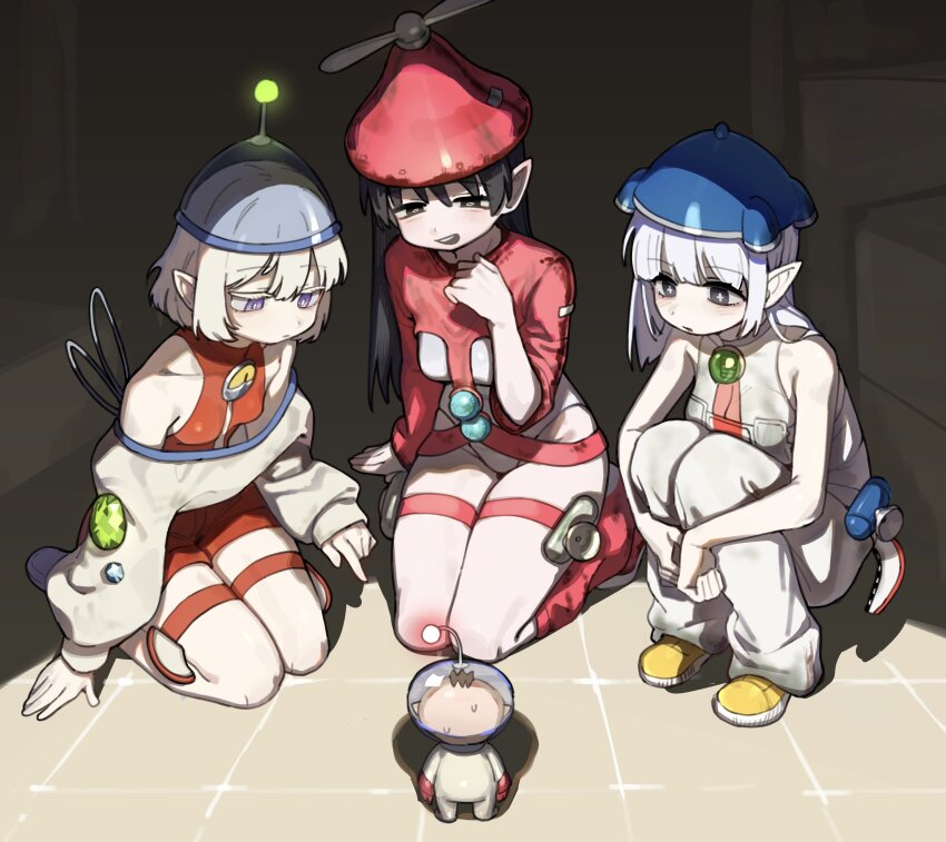 +_+ 1boy 3girls absurdres black_eyes black_hair blue_hat blush boots breasts closed_mouth gem glowing hat helmet hey!_pikmin highres hocotate_freight_steam_ship hufy leotard long_hair long_sleeves medium_breasts multiple_girls nintendo olimar open_mouth personification pikmin_(series) pikmin_1 pikmin_2 pointy_ears propeller_hat purple_eyes red_hat s.s._dolphin s.s._dolphin_ii short_hair sitting size_difference small_breasts space_helmet spacesuit squatting sweat thigh_strap white_hair