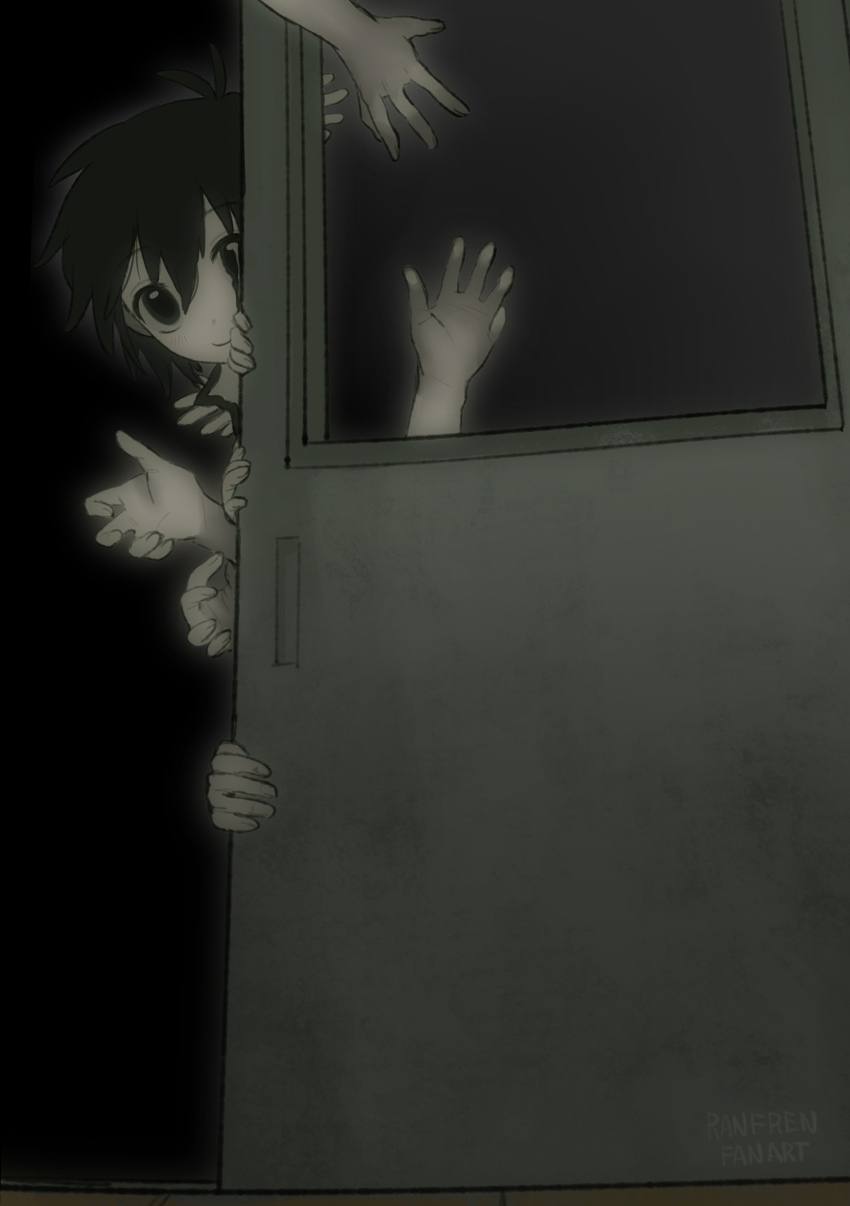 1boy absurdres black_background black_eyes black_hair commentary_request disembodied_hand door gakuran highres looking_at_viewer male_focus melting_eyes muted_color peeking_out randal&#039;s_friends school_uniform shieriru short_hair solo tsukada_satoru