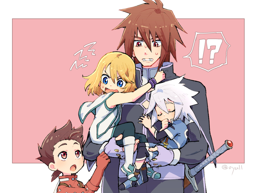 !? 4boys aged_down azuma_yukihiko blonde_hair blue_eyes boots brown_hair cape carrying carrying_multiple_people carrying_person child closed_eyes fingerless_gloves genius_sage gloves grey_hair highres kratos_aurion lloyd_irving looking_at_another male_focus mithos_yggdrasill multiple_boys open_mouth possessive red_eyes red_gloves scabbard sheath short_hair sleeping spiked_hair sweatdrop sword tales_of_(series) tales_of_symphonia weapon
