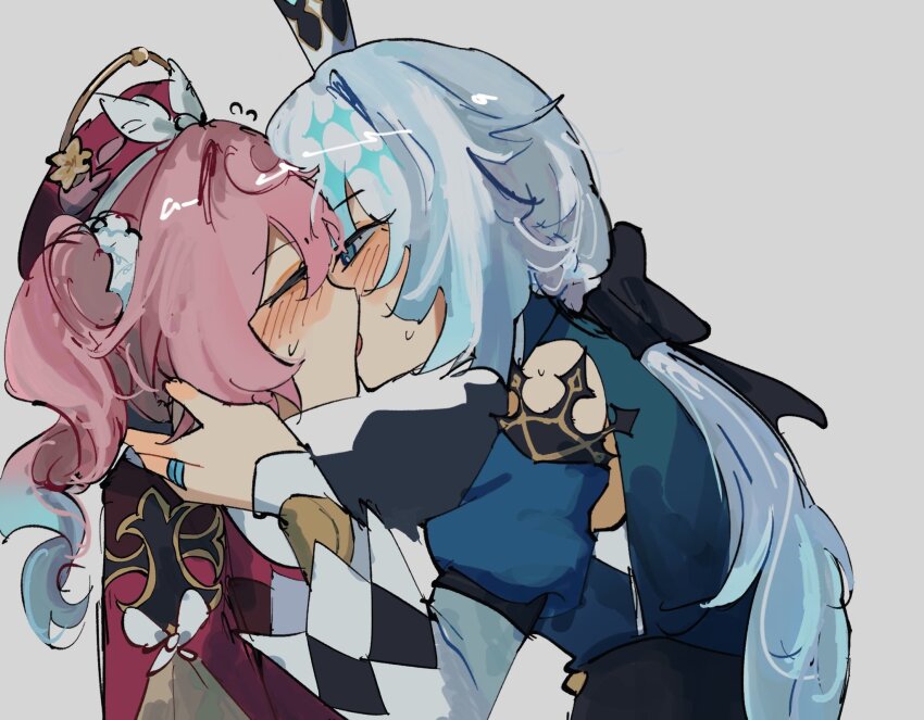 2girls blue_eyes blue_hair blue_jacket blush cerydra_(honkai:_star_rail) closed_eyes crown dress french_kiss grey_background hand_on_another&#039;s_neck highres honkai:_star_rail honkai_(series) hyacine_(honkai:_star_rail) jacket kiss kiss_meter_(meme) long_hair meme mini_crown multiple_girls nsuntens pink_hair ponytail red_dress simple_background sweat twintails yuri