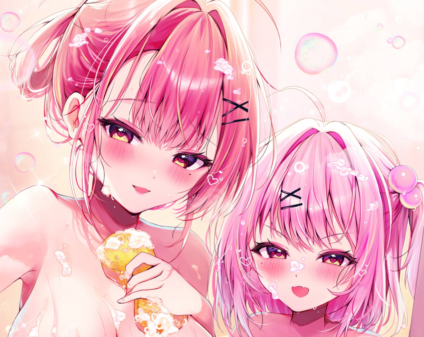 2girls :d breasts bubble collarbone commentary_request copyright_request hair_bobbles hair_intakes hair_ornament hair_rings hairclip heart heart-shaped_pupils highres holding large_breasts long_hair multiple_girls nenobi_(nenorium) nude official_art one_side_up open_mouth out-of-frame_censoring pink_hair red_eyes red_hair smile soap_bubbles sponge symbol-shaped_pupils upper_body x_hair_ornament