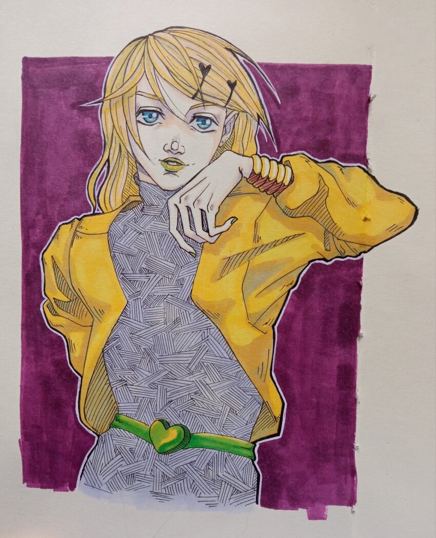 1girl aku_no_musume_(vocaloid) araki_hirohiko_(style) arthborgia belt blonde_hair blue_eyes cosplay crossover dio_brando dio_brando_(cosplay) evillious_nendaiki green_belt green_lips grey_sweater hair_ornament hairclip heart heart_hair_ornament heart_ornament highres jacket jojo_no_kimyou_na_bouken kagamine_rin marker_(medium) medium_hair open_clothes open_jacket parody parted_lips purple_background riliane_lucifen_d&#039;autriche smug solo style_parody sweater swept_bangs time_stop traditional_media trait_connection turtleneck turtleneck_sweater vocaloid wiping_face yellow_jacket za_warudo