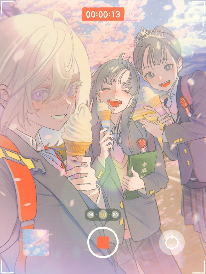 3girls :d backpack bag black_hair black_jacket black_skirt blonde_hair blue_necktie bright_pupils brown_cardigan buckle cardigan cherry_blossoms colored_eyelashes commentary_request food freckles grey_eyes hair_bun hand_on_another&#039;s_shoulder hand_up highres holding holding_food holding_ice_cream_cone ice_cream ice_cream_cone jacket lapels long_hair long_sleeves looking_at_viewer mcdonald&#039;s medal mole mole_under_eye multiple_girls necktie notched_lapels official_art open_mouth outdoors pleated_pants pleated_skirt promotional_art purple_eyes recording school_uniform second-party_source selfie single_hair_bun skirt smile snap-fit_buckle soft_serve tiara translation_request uraura_ura-chan viewfinder white_pupils