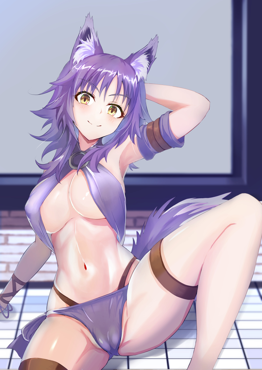 1girl absurdres animal_ear_fluff animal_ears arm_behind_head arm_belt arm_strap arm_support arm_up armpits belt bikini blurry blurry_background bracelet breasts cleavage collarbone commentary criss-cross_halter halterneck highleg highleg_bikini highres jewelry large_breasts light_blush long_hair looking_at_viewer makoto_(princess_connect!) makoto_(summer)_(princess_connect!) mitsuhanako multi-strapped_bikini_bottom navel o-ring o-ring_bikini official_alternate_costume princess_connect! purple_bikini purple_hair shadow sidelocks sitting skindentation smile solo spread_legs stomach swimsuit tail thigh_belt thigh_strap wolf_ears wolf_girl wolf_tail yellow_eyes