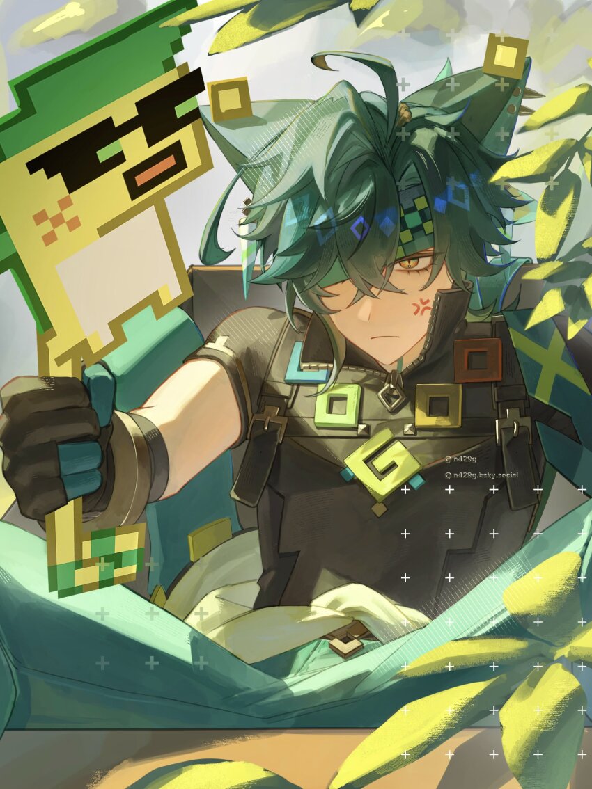 1boy absurdres ahoge ajaw_(genshin_impact) anger_vein animal_ears artist_name black_gloves black_hair black_shirt blonde_hair box bracelet closed_mouth clothes_around_waist colored_inner_hair commentary crossed_bangs ear_piercing earrings genshin_impact gloves grabbing_another&#039;s_tail green_eyes green_hair green_headband green_pants green_ribbon hair_between_eyes hair_ribbon headband highres jewelry kinich_(genshin_impact) male_focus multicolored_eyes multicolored_hair neglow on_box one_eye_covered pants parted_bangs piercing ribbon shirt short_hair short_sleeves solo spiked_ear_piercing streaked_hair twitter_username watermark yellow_eyes zipper_pull_tab