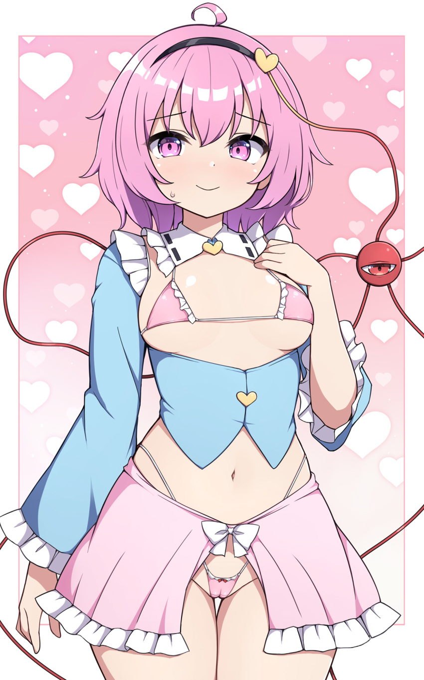 1girl black_hairband blue_shirt bra breasts commentary_request eyeball gradient_background hairband heart heart_background highres komeiji_satori long_sleeves looking_at_viewer medium_breasts panties pink_background pink_bra pink_eyes pink_hair pink_panties pink_skirt rizento shirt short_hair skirt smile solo third_eye touhou underwear