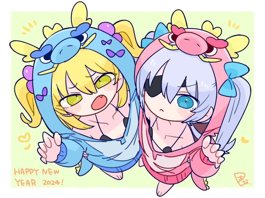 2boys animal_costume bikini blonde_hair blue_eyes blue_pajamas blush crossdressing dragon_costume dragon_hood eyepatch from_above gao green_eyes highres long_hair male_focus multiple_boys op_na_yarou open_clothes original pajamas pink_pajamas string_bikini swimsuit trap twintails underwear white_hair