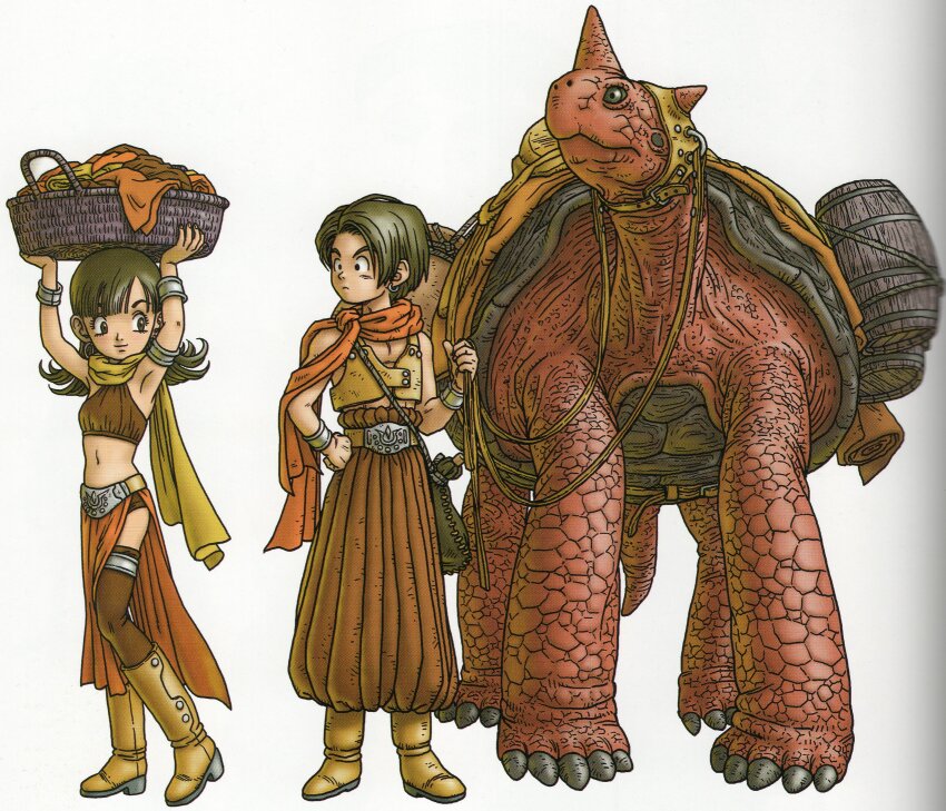 1boy 1girl 1other absurdres armlet arms_up baggy_pants basket black_eyes blunt_bangs boots bracelet brown_boots brown_eyes brown_hair brown_thighhighs brown_vest carrying_overhead dragon_quest dragon_quest_x earrings full_body galapagod hero_(dq10) heroine_(dq10) high-waist_pants highres holding holding_basket hoop_earrings jewelry long_hair looking_at_another looking_to_the_side navel official_art orange_scarf pants parted_hair pelvic_curtain scan scarf short_hair silver_armlet silver_earrings thighhighs third-party_source toriyama_akira vest white_background yellow_scarf