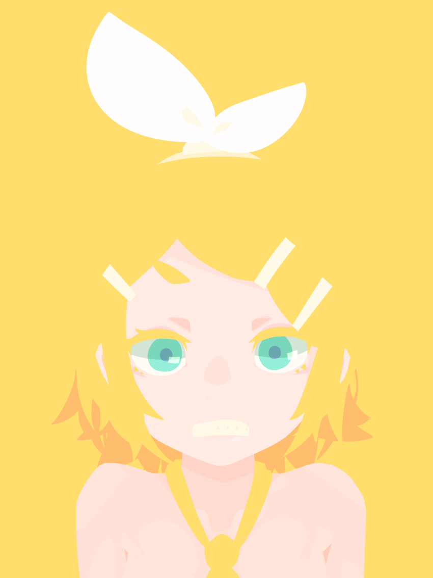 1girl blending blonde_hair blue_eyes bow clenched_teeth commentary_request hair_bow hair_ornament hairclip hara_id_21 highres kagamine_rin looking_at_viewer naked_necktie necktie no_lineart nude portrait simple_background solo swept_bangs teeth vocaloid white_bow yellow_background yellow_necktie