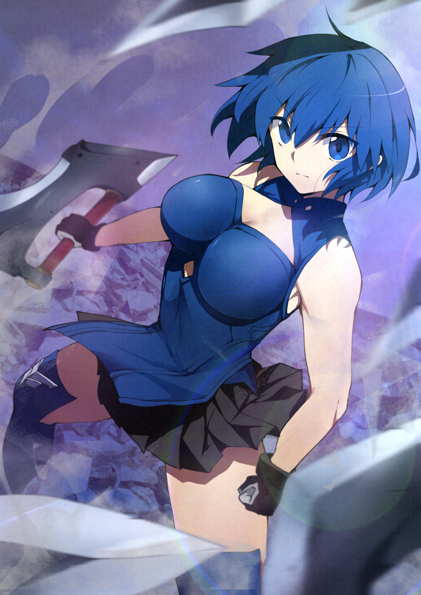 1girl absurdres bare_shoulders black_gloves black_skirt blue_boots blue_dress blue_eyes blue_hair boots breasts ciel_(tsukihime) cleavage cleavage_cutout clothing_cutout dress gloves highres large_breasts looking_at_viewer pelvic_curtain powered_ciel short_dress short_hair skirt sleeveless sleeveless_dress solo sword thigh_boots toyosu tsukihime weapon