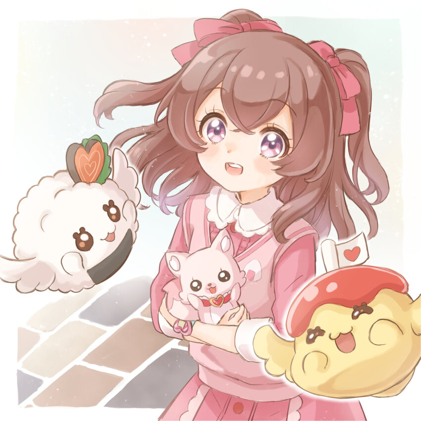 1girl :d animal bow brown_hair cowboy_shot delicious_party_precure dot_nose dress fox hair_bow highres hirune_(user_jtfv4527) holding holding_animal kome-kome long_hair looking_at_viewer nagomi_yui omurice_recipipi open_mouth pink_bow pink_dress precure purple_eyes recipipi rice_ball_recipipi smile standing two_side_up
